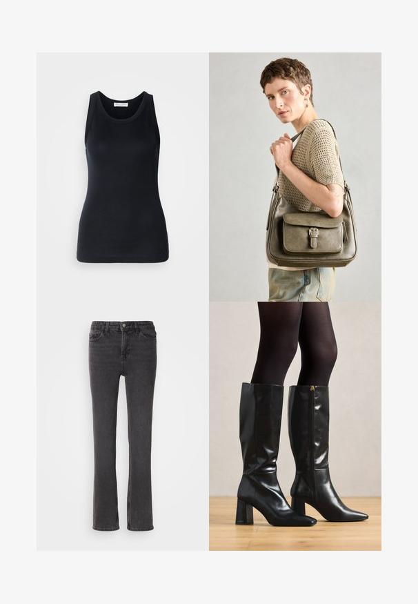 Crna majica bez rukava od mekog, rastezljivog materijala. Ima okrugli izrez i široke naramenice, s prilagođenim krojem i glatkom teksturom.; Crne traperice s ravnim nogavicama, koje imaju prednje džepove, patentni zatvarač i suptilne detalje šivanja. Tkanina ima blagu teksturu.; Crne čizme od kože do koljena s sjajnom površinom, šiljastim vrhom i debelim potplatom. Bočni patentni zatvarač za jednostavno obuvanje.; Maslinasto zelena kožna torba s prednjim preklopom, podesivim remenom i detaljima od srebra, prikazana na modelu koji nosi pleteni top.; Srebrna kružna naušnica s poliranim završetkom, koja ima male zlatne detalje i okrugli oblik, nošena na uhu.