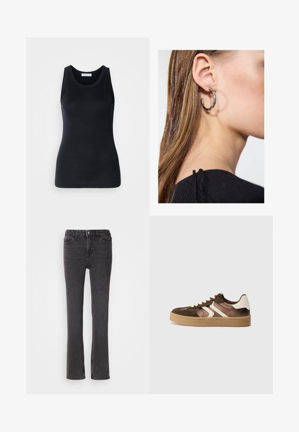 Top negro sin mangas hecho de tela suave y elástica. Presenta un escote redondo y tirantes anchos, con una silueta ajustada y una textura suave.; Vaqueros de mezclilla negra con corte recto, que cuentan con bolsillos delanteros, una cremallera y detalles de costura sutiles. La tela tiene una ligera textura.; Zapatillas marrones y crema con una combinación de materiales de ante y satén, que presentan tres rayas diagonales y una suela de goma texturizada.; Pendiente de aro de plata con un acabado pulido, que presenta pequeños detalles en dorado y una forma redonda, llevado en el lóbulo.