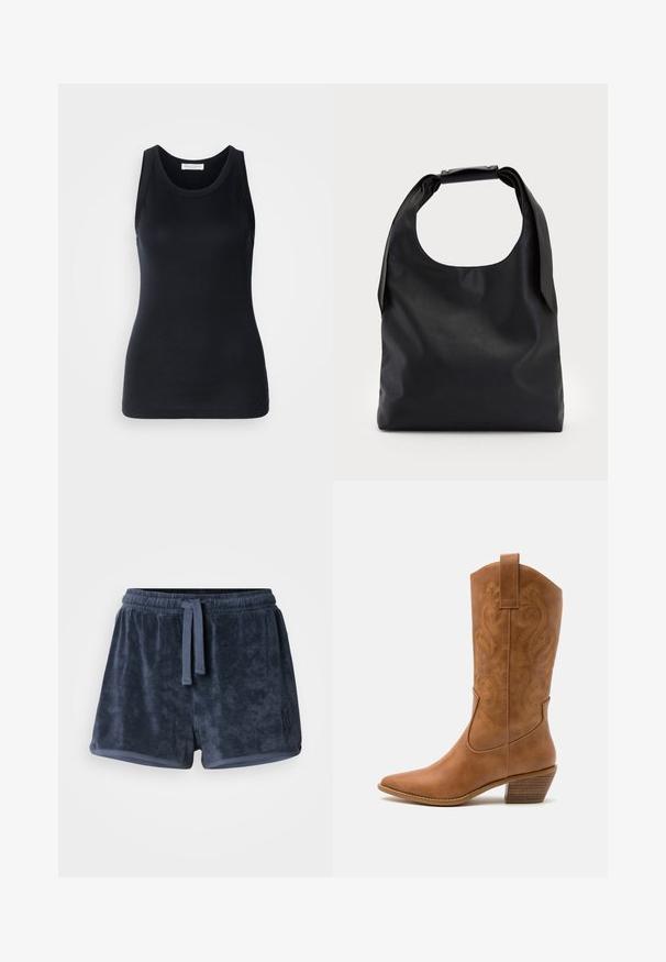 Fekete ujjatlan felső, puha, rugalmas anyagból készült. Kerek nyakkivágással és széles vállpántokkal rendelkezik, testhezálló szabású és sima textúrájú.; Sötétkék frottír rövidnadrág elasztikus derékkal, állítható húzózsinórral és kis hímzett logóval az oldalon. Puha tapintás.; Barna bőr cowboy csizma hegyes orral, hímzett örvény mintákkal a szárán, és stílusos, réteges blokk sarokkal. Kihúzó füle segíti a könnyű felhúzást.; Fekete bőr hobo táska egyetlen, puha, lekerekített fogantyúval; sima textúrával és minimalista dizájnnal rendelkezik. Nincs látható hardver vagy díszítés.; Ez egy ezüst fülbevaló, sima felülettel, amelyen apró arany díszítőelemek találhatók. Kerek formájú és a fülcimpán viselik.