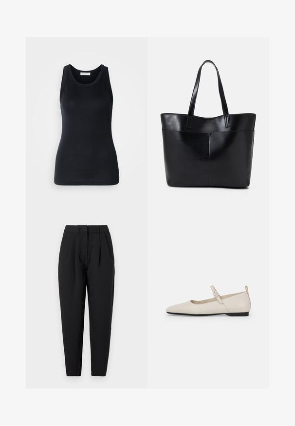 Melnā top forma bez piedurknēm, kas izgatavota no mīksta, elastīga auduma. Iezīmes apaļa kakla izgriezuma un platām plecu lencēm, ar pieguļošu siluetu un gludu tekstūru.; Melnas bikses ar taisnu piegriezumu, ar krokām priekšā, gludu tekstūru un sānu kabatām. Jostasvieta ir standarta augstumā.; Baltās ādas Mary Jane kurpes ar smailu purngalu, sānu sprādzi un zemu melnu papēdi. Gluda tekstūra un minimālisma dizains.; Melnas ādas iepirkumu soma ar divām garām rokturām, gludu tekstūru un strukturētu formu. Iekļauj priekšējo kabatu papildu uzglabāšanai.