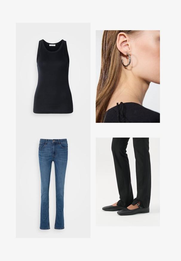 Black tank top made from soft, stretchy fabric. Features a round neckline and wide shoulder straps, with a fitted silhouette and smooth texture.; Blue denim flared jeans with five pockets, belt loops, and a front button closure. Features a smooth texture and slight fading.; Black leather ballet flats with a pointed toe, strap with silver buckle, paired with black tailored pants featuring a slit hem.; Silver hoop earring with a polished finish, featuring small gold accent details and a round shape, worn on the lobe.