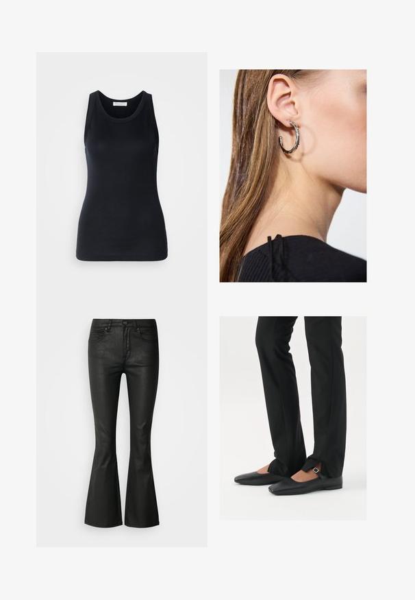 Top preto de alças feito de um tecido macio e elástico. Apresenta uma gola redonda e alças largas, com uma silhueta ajustada e textura suave.; Calças de ganga pretas com corte flare, em um tecido liso e elegante, com design de cinco bolsos e fecho frontal por botão. Apresenta aberturas de pernas ajustadas.; Sapatilhas de balé pretas em couro com bico fino, tira com fivela prateada, combinadas com calças pretas ajustadas com bainha fendida.; Brinco de argola prateada com acabamento polido, apresentando pequenos detalhes em dourado e uma forma redonda, usado na orelha.