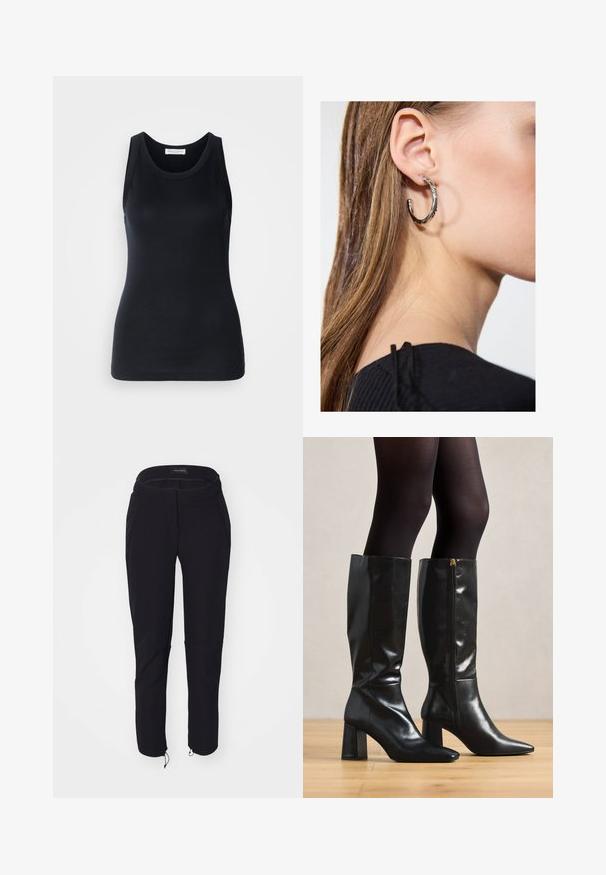 Črn top brez rokavov, izdelan iz mehkega, raztegljivega materiala. Ima okrogel ovratnik in široke naramnice, s prilagojeno silhueto in gladko teksturo.; Črne hlače z gladko teksturo, ki imajo prilegajoč dizajn, elastični pas, dva žepa in nastavljive manšete z vrvicami.; Črne usnjene škornje do kolen z sijočo površino, špičastim nosom in debelejšim peto. Detajl z božnim zadrgo za enostavno obuvanje.; Srebrna obročasta uhana s polirano površino, ki vključuje majhne zlate poudarke in okroglo obliko, nošena na ušesnem lobu.