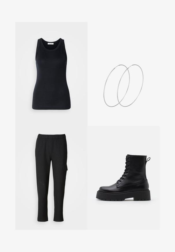 Czarny top na ramiączkach wykonany z miękkiego, rozciągliwego materiału. Posiada okrągły dekolt i szerokie ramiączka, ma dopasowany krój oraz gładką fakturę.; Czarne spodnie w paski z elastyczną talią i prostym krojem. Posiadają kieszeń boczną z klapką, wykonane z gładkiego materiału.; Czarne skórzane botki za kostkę z okrągłym noskiem, sznurówką z przodu i grubą gumową podeszwą z teksturowanym bieżnikiem. Pętelka do zakładania z tyłu.; Srebrne kolczyki w formie obręczy o minimalistycznym designie. Okrągły kształt, gładka faktura i cienki profil. Lekkie, z polerowanym wykończeniem.
