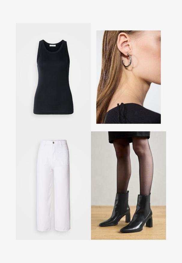 Svart tanktopp laget av myk, elastisk stoff. Har rund halsutskjæring og brede skulderstropper, med en tettsittende silhuett og jevn tekstur.; Hvite denim wide-leg bukser med knappelukking, beltestropper, to frontlommer og en baklomme. Holdbart og teksturert stoff.; Sorte ankelstøvler i skinn med spiss tå, chunky firkantet hæl, og slank design. Har elastiske sidede paneler for enkel påføring.; Sølv ringøredob med en polert finish, med små gull detaljer og en rund form, båret på øreflippen.