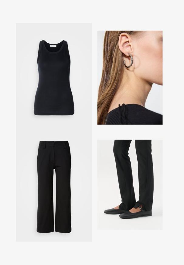 Melnā top forma bez piedurknēm, kas izgatavota no mīksta, elastīga auduma. Iezīmes apaļa kakla izgriezuma un platām plecu lencēm, ar pieguļošu siluetu un gludu tekstūru.; Melnas bikses ar plašām kājām, izgatavotas no gludas auduma. Iezīmes ietver plakanas priekšpuses dizainu, jostu cilpas un tīru apakšmalu bez kabatām vai redzamām aizdarem.; Melni ādas baleta zābaki ar smailo purngalu, siksniņa ar sudraba sprādzi, kombinēti ar melniem tailētiem biksēm ar šķēluma apakšdaļu.; Sudraba auskars ar pulētu apdari, ar maziem zelta akcentiem un apaļu formu, uz ausu ļipiņas.