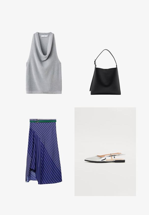 Sivina pletena majica brez rokavov s padajočim ovratnikom. Teksturna tkanina in sproščen kroj, z ravnim robom in minimalnimi detajli.; Modra krila z diagonalnimi belimi črtami in zeleno-belo črtastim pasom s srebrno sponko. Lahka in tekoča tkanina z razporkom.; Srebrni slingback baletni čevlji s koničastim nosom in nizko peto. Sijoča lakirana površina z izrezanimi dodatki na straneh ter nastavljivim zaponko.; Črna usnjena torbica z gladko teksturo, minimalističnim oblikovanjem in enim, ukrivljenim naramnim trakom. Odprta zgornja stran, brez vidne opreme.