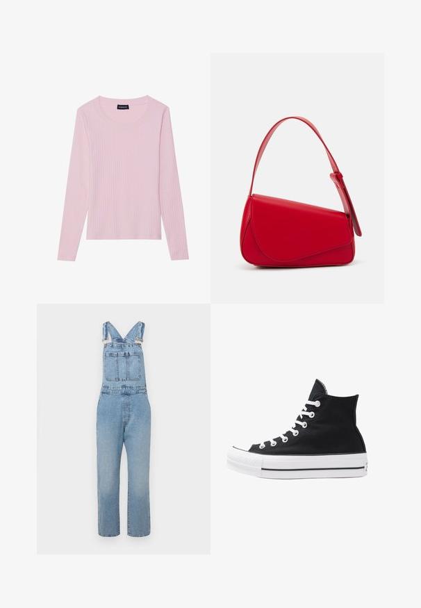 Svetlo roza dolgi rokavi rebrast top s okroglim izrezom in oprijetim silhueto. Narejeno iz mehke, teksturirane tkanine. Minimalističen dizajn, brez vzorcev.; GAP OLLIES - Kavbojke z naramnicami - light wash; Visoke črne platnene superge z belimi režami, vezalkami in gumijastim podplatom. Ponašajo se z teksturiranim zaščitnikom za prste in črno-belimi črtami.; Rdeča usnjena torba z angularnim, geometrijskim dizajnom. Ima en samostoječ nastavljiv ročaj in pokrov, zaprt z zapiranjem, ki je okrašen s šivi.