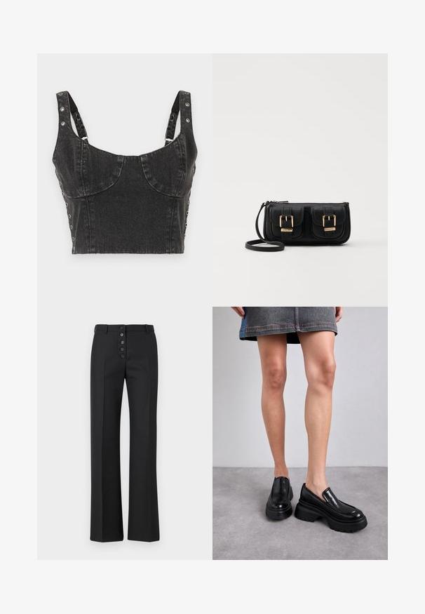 Ksubi DAUPHINE BUSTIER SHADOW - Felső - black; The Kooples PANTALON - Nadrágok - black; MICHAEL Michael Kors SHILOH LOAFER - Platform magas sarkúk - black; Fekete bőr keresztbody táska két elülső zsebbel, arany csattokkal, cipzáras záródással és vékony pánttal. Textúrált felület és kompakt téglalap alak.