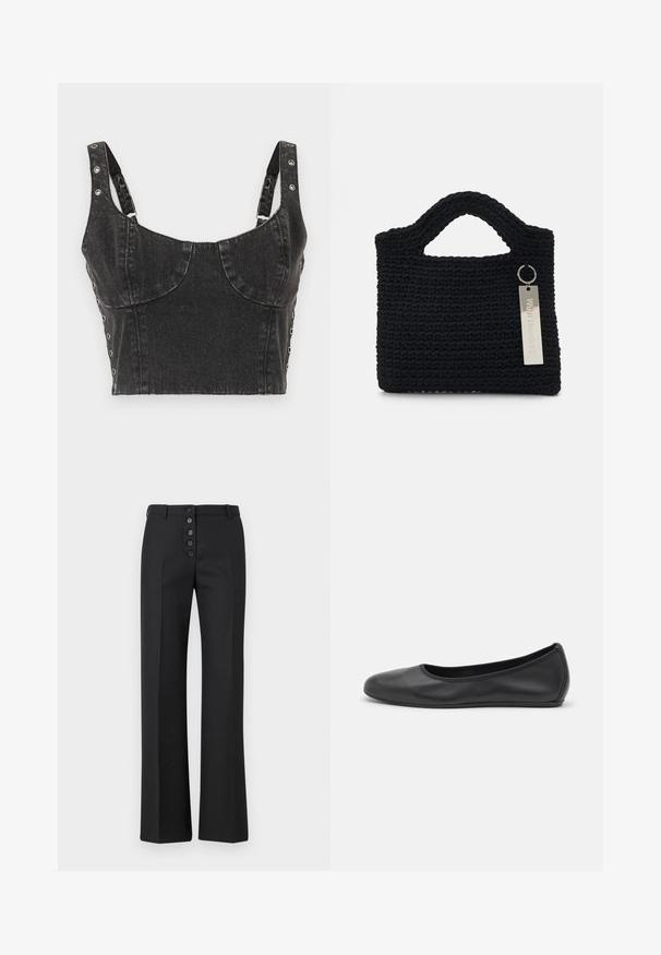 Ksubi DAUPHINE BUSTIER SHADOW - Toppi - black; The Kooples PANTALON - Housut - black; Musta nahkainen ballerina, jossa on pyöristetty kärki, sileä pinta, minimaalinen ommelkoristelu ja joustava pohjamuotoilu.; Won Hundred MARSIELLE COMPUTER BAG UNISEX - Tietokonelaukku - black