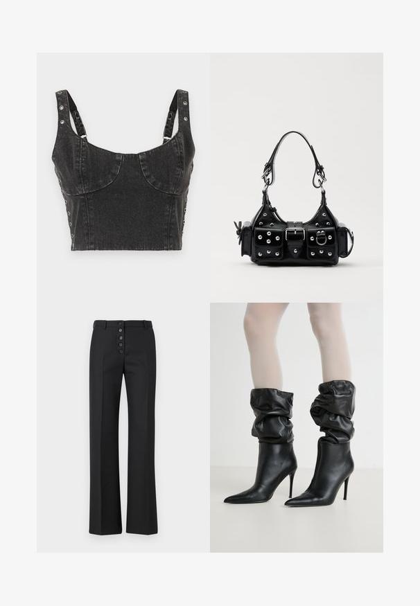 Ksubi DAUPHINE BUSTIER SHADOW - Top - black; The Kooples PANTALON - Trousers - black; Black leather ankle boots with a slouchy design, pointed toe, and high stiletto heel, featuring a soft, textured finish around the cuff.; Black leather handbag with a curved design, featuring silver studs, a buckle, and two side pockets. Adjustable strap for carrying options.