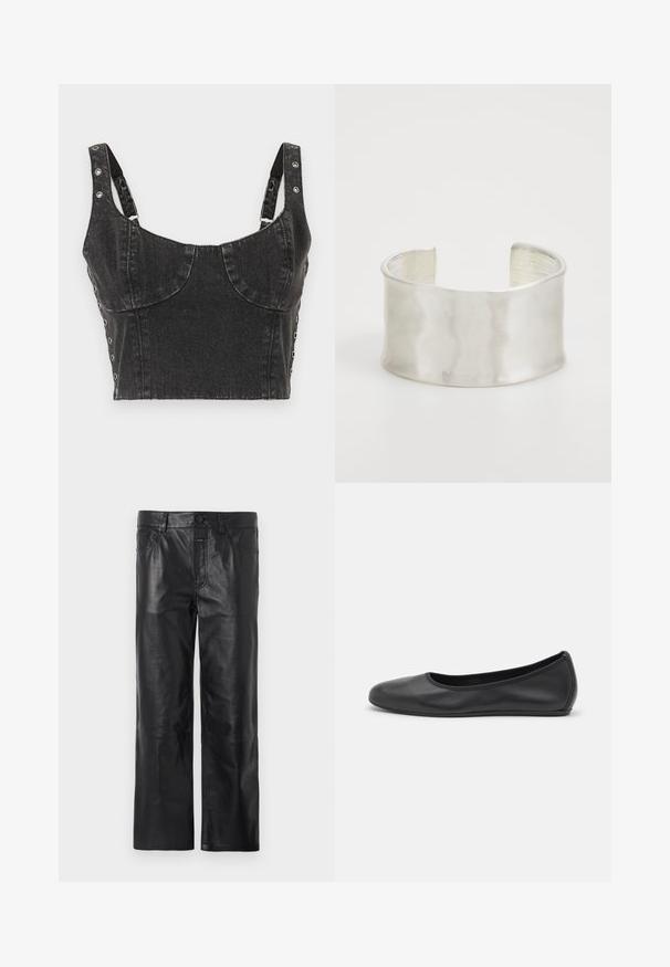 Ksubi DAUPHINE BUSTIER SHADOW - Tops - black; Melni ādas bikses ar taisnu kāju dizainu, ar jostu, kurai ir pogu aizdare un kabatas, gludu tekstūru un redzamām šuvju detaļām.; Melna ādas baleta kurpe ar noapaļotu purngalu, gludu tekstūru, minimālu šuvju detalizāciju un elastīgu zoles dizainu.; Zign Rokassprādze - silver-coloured