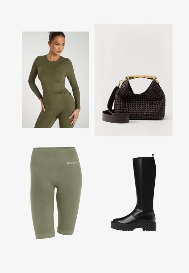 Olive green long-sleeve top made of stretchy fabric with a round neckline and fitted design, paired with matching fitted pants.; Olive green cropped leggings made of soft fabric with a ribbed waistband. Features include a logo at the waist and textured accent areas.; Knee-high black synthetic boots with a smooth, textured finish and chunky rubber sole. Features a pull tab at the back for easy wear.; Elleme BOOMERANG WOVEN - Handbag - brown