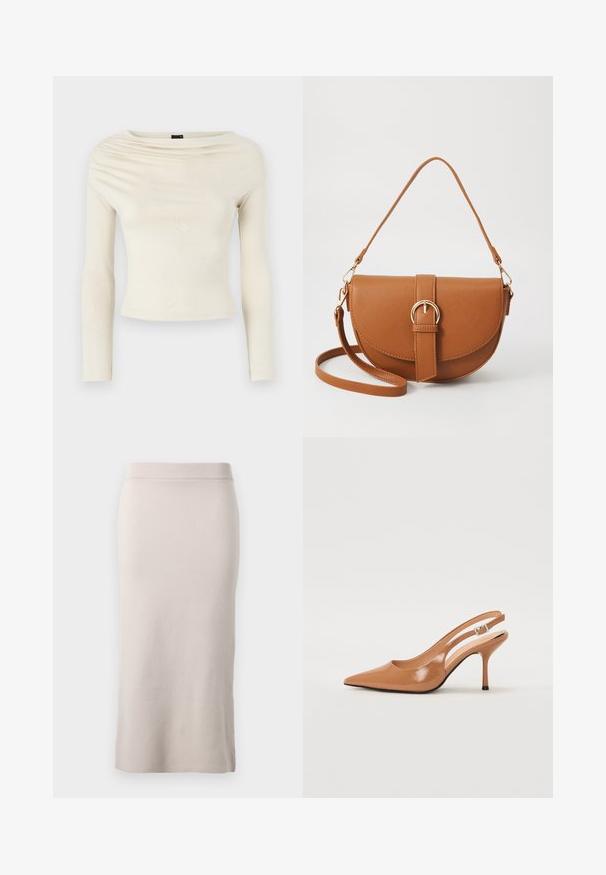 Gina Tricot Langarmshirt - turtledove; Strick-Bleistiftrock in einem hellbeigen Farbton, ausgestattet mit einem gerippten Bund, schmaler Passform und seitlichem Schlitz für mehr Bewegungsfreiheit. Weiche Textur, minimalistisches Design.; Spitz zulaufender Slingback-Absatz aus einem glatten, glänzenden, tanfarbenen Material. Mit einem geschwungenen Ausschnitt-Design und einem schlanken Stiletto-Absatz. Silberne Schnallendetails.; Braune Leder-Crossbody-Tasche mit geschwungener Form, goldfarbenen Beschlägen und einer Schnallenakzentuierung. Verfügt über einen abnehmbaren Schultergurt.