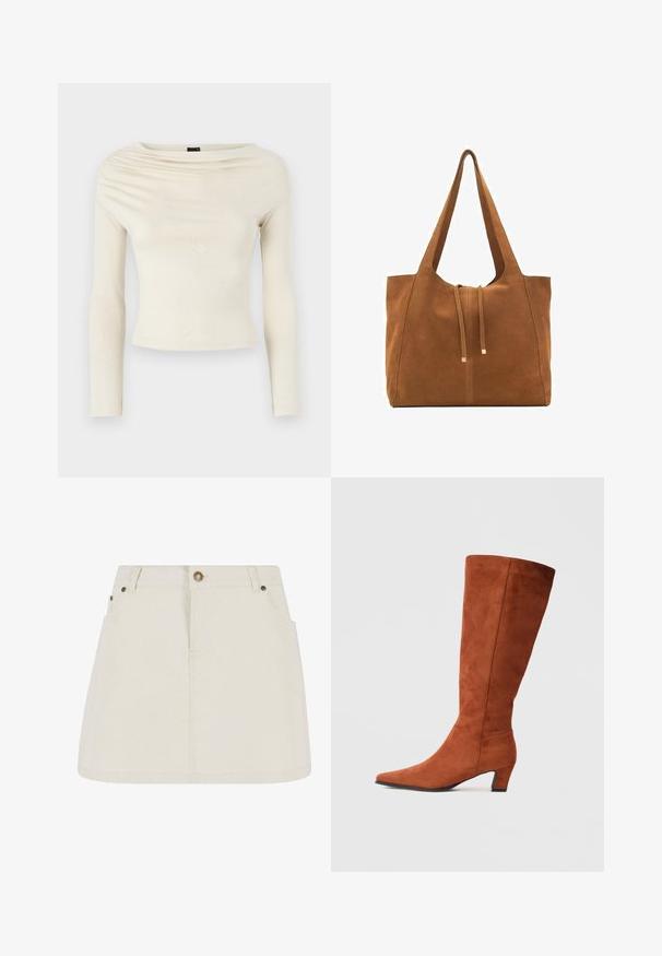 Gina Tricot Long sleeved top - turtledove; Denim mini skirt in light beige, featuring a high waist, two front pockets, and bronze button accents. Smooth texture and simple design.; Brown suede knee-high boot with a pointed toe and a small block heel, featuring a smooth texture and minimalistic design.; Brown suede tote bag with two long straps, drawstring closure, and minimalistic design. Smooth texture and no visible hardware accents.