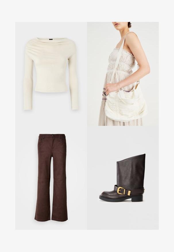 Gina Tricot Ilgarankovis viršutinės dalies drabužis - turtledove; Rudos plačios kelnės iš minkštos, panašios į zomšą medžiagos. Turi keturias kišenes, sagų užsegimą ir lygią, tekstūruotą paviršių.; Tamsiai rudas odinis botas iki blauzdos su juodu batu, mažai kulno ir dekoratyvia juoda sagtimi aplink kulkšnį, parodytas iš šono.; Balta audinio petinė rankinė su susiraukšlėjusia tekstūra, reguliuojama ištraukiama juosta ir sidabrinėmis detalėmis. Rodyta šalia kreminės spalvos suknelės.