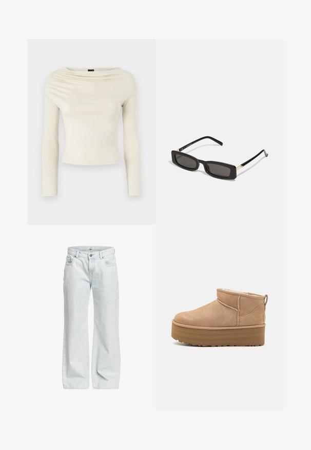 Gina Tricot Camiseta de manga larga - turtledove; Jean de pierna ancha de color azul claro, confeccionado en denim, con cierre de botón, cinco bolsillos y una ligera textura deslavada en toda su superficie.; Botas de tobillo de ante beige con un interior suave, que cuentan con una suela tipo plataforma y una lengüeta en la parte posterior para ponérselas fácilmente. Suela de goma texturizada.; Gafas de sol rectangulares negras con lentes oscuros, montura de plástico brillante y detalles dorados en las patillas. Diseño minimalista y forma elegante.; Bolso de denim azul con forma redondeada y acolchada, y una asa curva. La textura es suave, con costuras visibles y un acabado liso.
