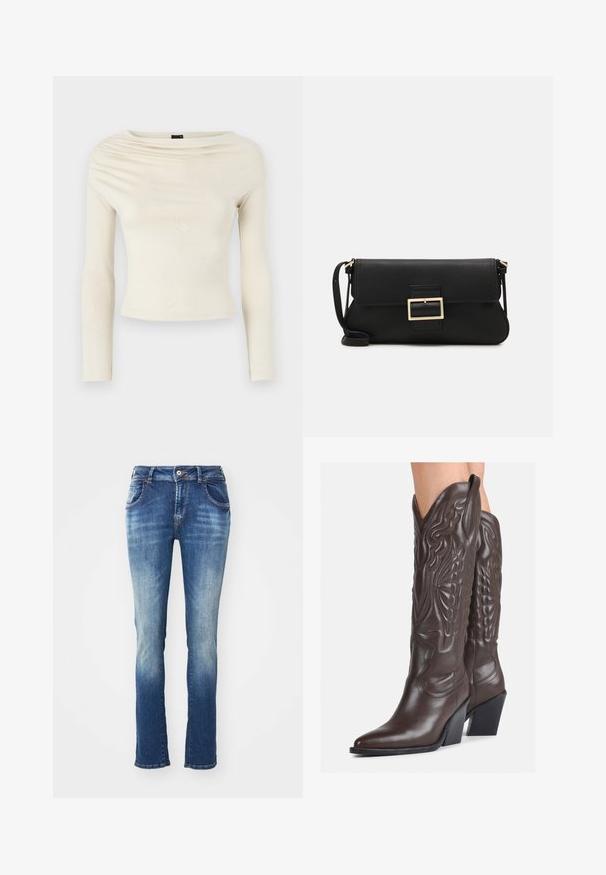 Gina Tricot Top s dlhým rukávom - turtledove; Džínsy v stredne až svetlomodrom prechode. Obsahujú klasický dizajn s piatimi vreckami, pútka na opasok a gombíkový zapínací mechanizmus.; Hnedé kožené kovbojské topánky s špicatou špičkou a blokovým podrážkou, so zložitým prešívaním a vyvýšenými akcentmi na puzdre.; Čierna kožená clutch taška s klopou a zlatým kovovým detailom s prackou. Obsahuje čierny remienok a elegantný, minimalistický dizajn.; Zlaté kruhové náušnice s hladkým, lesklým povrchom. Cirkulárny dizajn s malým steblom a jasným záznamom pre bezpečné nosenie.