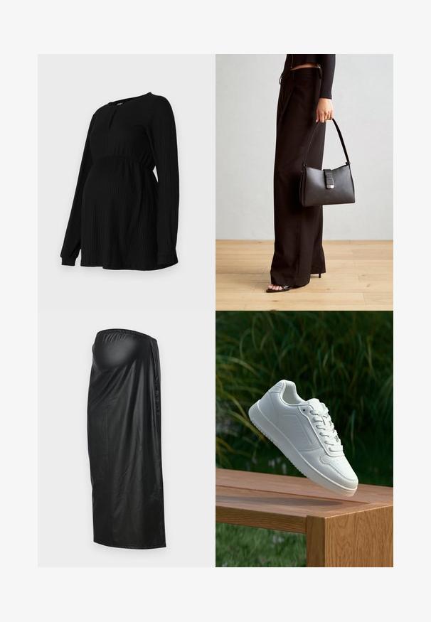 Maglietta premaman nera con maniche lunghe, texture a costine, vita elastica e scollatura rotonda con un piccolo dettaglio a chiave sul davanti.; Gonna nera, lucida, lungo al ginocchio, realizzata in tessuto sintetico lucido con vita elastica e cucitura laterale per una silhouette liscia.; Sneaker bianco con tomaia in sintetico liscio, punta perforata, lacci piatti e suola testurizzata, esposto su una superficie di legno.; Borsa nera con forma strutturata, texture liscia e una chiusura metallica. Abbinata a pantaloni neri larghi e sandali open-toe su un pavimento in legno.