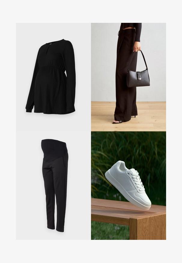 Melnā grūtniecības blūze ar garām piedurknēm, ribota tekstūra, elastīga josta un apaļa apkakle ar mazu atslēgas caurumu priekšpusē.; ONLY MATERNITY OLMGISELEA  - Auduma bikses - black; Baltie sporta apavi ar gludu sintētisku augšpusi, perforētu pirkstu daļu, plakani šņorēm un rakstainu zoli, novietoti uz koka virsmas.; Melnā somiņa ar strukturētu formu, gludu tekstūru un metālu sprādzi. Saskaņota ar platām melnām biksēm un sandālēm ar atvērtu purngalu uz koka grīdas.