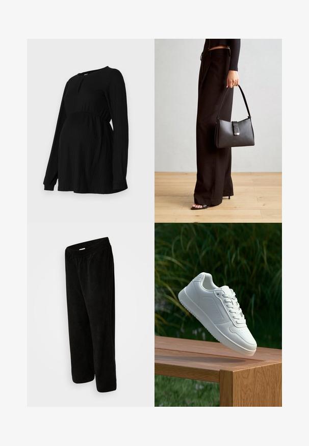 Haut de maternité noir avec manches longues, texture côtelée, taille élastique et col rond avec un petit détail en forme de clé devant.; Pantalon en velours côtelé noir avec une coupe décontractée, doté d'une taille élastique et d'une longueur cropped. Texture douce avec un motif de côtes verticales.; Sneakers blanches avec une tige synthétique lisse, un avant perforé, des lacets plats et une semelle texturée, présentées sur une surface en bois.; Sac à main noir à la forme structurée, texture lisse et fermoir métallique. Associé à un pantalon noir ample et des sandales ouvertes sur un sol en bois.