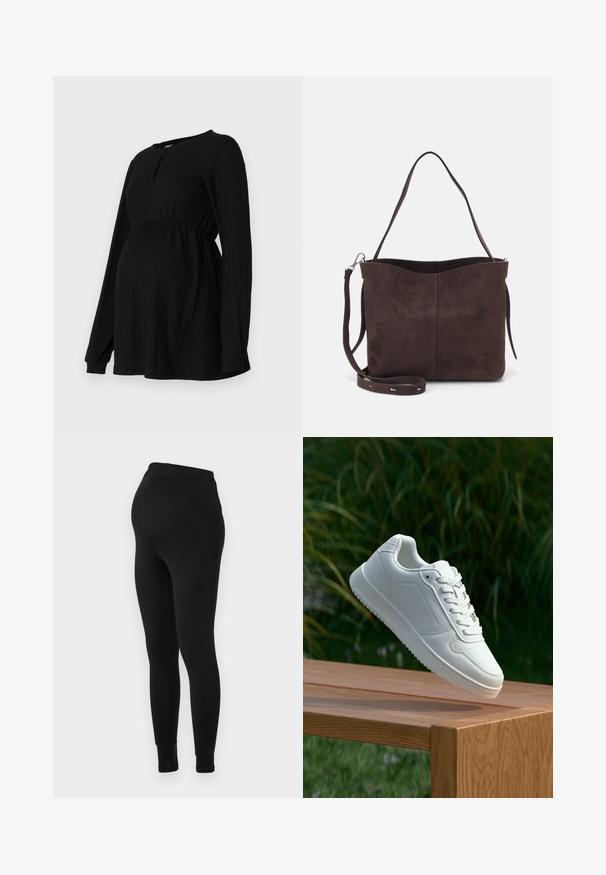 Zwarte zwangerschapsblouse met lange mouwen, geribbelde textuur, elastische tailleband en een ronde hals met een kleine sleutelgatdetail aan de voorkant.; Zwarte geribbelde leggings met een elastische tailleband en een aansluitend ontwerp. Kenmerkend voor een soepele textuur en taps toelopende benen, geschikt voor casual kleding.; Witte sneaker met een gladde synthetische bovenkant, geperforeerde neus, platte veters en een gestructureerde zool, tentoongesteld op een houten oppervlak.; Bruine suède schoudertas met een zachte textuur, voorzien van een enkele schouderband en een subtiele, gebogen bovenopening. Geen zichtbare hardwaredetails.