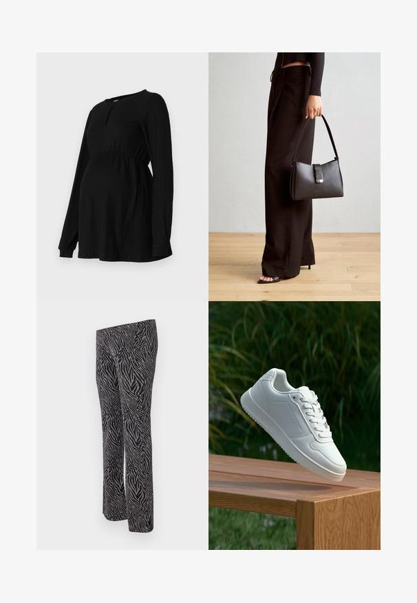 Black maternity top with long sleeves, ribbed texture, elastic waistband, and a round neck with a small keyhole detail at the front.; Black and silver leggings featuring a zebra stripe pattern, stretchy fabric, straight-leg design, and a high-waisted style.; White sneaker with a smooth synthetic upper, perforated toe box, flat laces, and a textured sole, displayed on a wooden surface.; Black handbag with structured shape, smooth texture, and a metallic clasp. Paired with wide black pants and open-toe sandals on wooden floor.