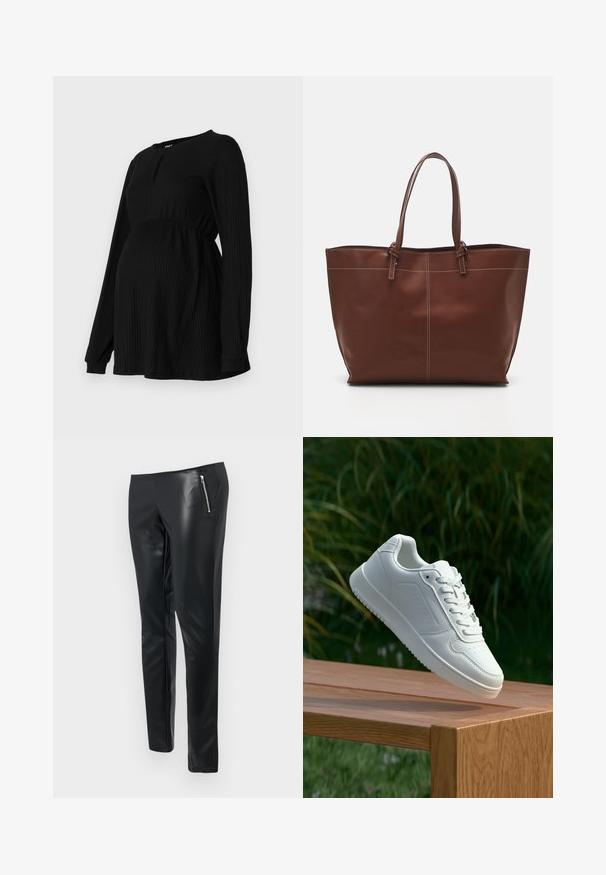 Fekete várandós felső hosszú ujjal, bordás textúrával, rugalmas derékrésszel és kerek nyakkal, elülső részén egy kis kulcslyuk részlettel.; Fekete műbőr nadrág, karcsú szabással, cipzáras elülső zsebbel és sima, fényes felülettel.; Fehér sportcipő sima szintetikus felsőrésszel, perforált lábujjrész, lapos fűzőkkel és texturált talppal, fából készült felületen kihelyezve.; Barna bőr bevásárlótáska dupla fogantyúval, kontrasztvarrás jellemzi, tágas kialakítással, mindennapi használatra alkalmas.