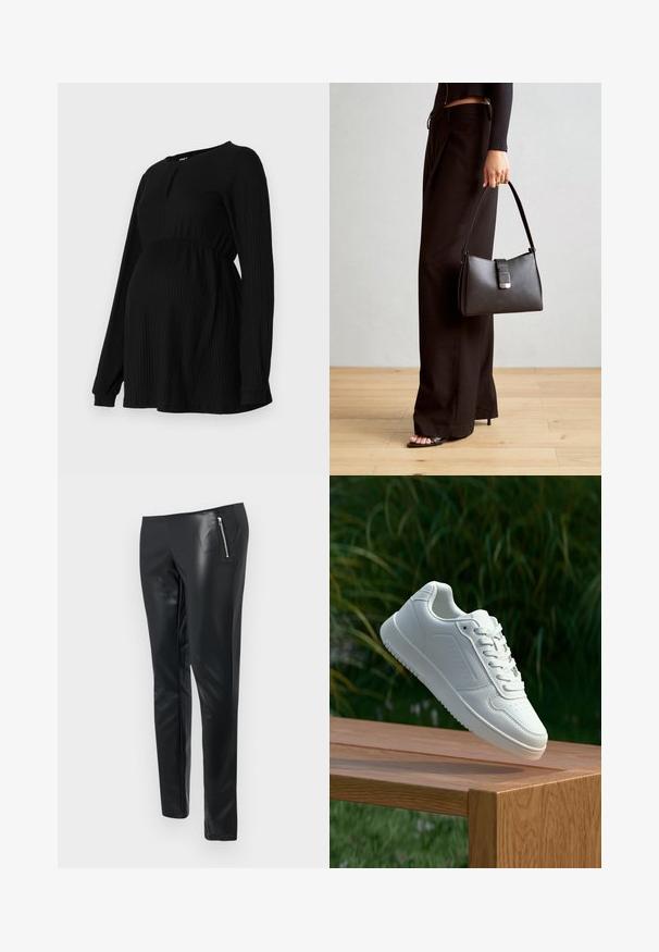Črna nosečniška majica z dolgimi rokavi, rebrastim videzom, elastičnim pasom in okroglo ovratnikom z majhno režo spredaj.; Črne hlače iz umetnega usnja s slim krojem, z zadrgo na sprednjem žepu in gladko, sijajno teksturo.; Bela teniska s gladkim sintetičnim zgornjim delom, perforiranim prednjim delom, ravnimi vezalkami in teksturiranim podplatom, prikazana na leseni površini.; Črna torbica z strukturirano obliko, gladko teksturo in kovinskim zaponko. Ujemajo se z širokimi črnimi hlačami in odprtimi sandali na lesenem tleh.