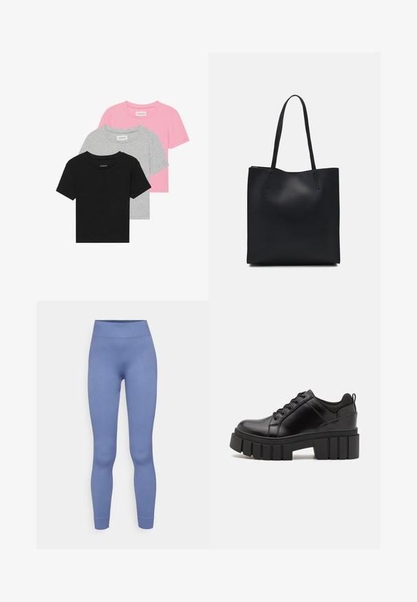 Τρία κοντομάνικα μπλουζάκια: ένα μαύρο, ένα γκρι, ένα ροζ. Το καθένα διαθέτει κλασική στρογγυλή λαιμόκοψη και μαλακό, ελαστικό ύφασμα με μείγμα βαμβακιού.; Ανοιχτό μπλε κολάν με ριγέ υφή, ψηλή μέση και εφαρμοστή γραμμή, που στενεύει στους αστραγάλους. Χωρίς επιπλέον σχέδια ή αξεσουάρ.; Μαύρα δερμάτινα παπούτσια πλατφόρμας με παχύ μπλοκ τακούνι, στρογγυλή μύτη και παραδοσιακό σχέδιο δέσιμο. Διαθέτουν λεία υφή και ελάχιστες λεπτομέρειες.; Μαύρη δερμάτινη τσάντα tote με λείο υφή, ορθογώνιο σχήμα και δύο μακριές λαβές. Χωρίς ορατό υλικό ή διακοσμητικά στοιχεία.