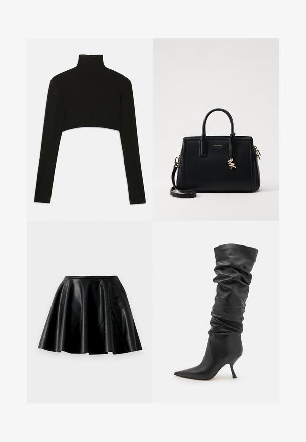 Zwarte cropped top met lange mouwen en een hoge hals. Gemaakt van rekbare stof, met een ritssluiting aan de achterkant en zijsplitten.; Zwarte leren flared rok met een gladde textuur, een wijde zoom en een aansluitende taille. Het oppervlak heeft een subtiele glans en geen zichtbare versieringen.; Zwarte leren enkellaars met een slouchy ontwerp, spitse neus en een slanke kittenheel. Gladde textuur met subtiele vouwen en kreukels.; Zwarte leren handtas met gestructureerd ontwerp, dubbele handvatten aan de bovenkant, afneembare schouderband, gouden hardware en een logo charm accent.