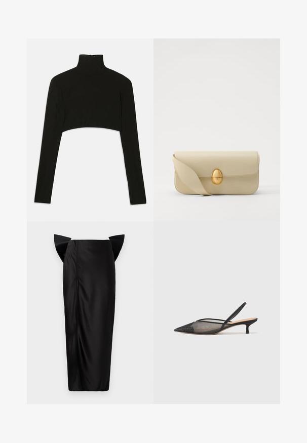 Černý zkrácený top s dlouhým rukávem a vysokým límcem. Vyrobeno z elastického materiálu, s vlečkou na zip na zadní straně a bočními rozparky.; Černá midi sukně se seříznutým siluetou, která má unikátní rozšířené panely v oblasti boků, hladkou texturu a boční zip.; NEOUS IRENA - Klasické lodičky - black; Krémová kožená kabelka s hladkým povrchem, obdélníkovým tvarem a zlatým oválným uzávěrem. Disponuje dlouhým, nastavitelným popruhem.; Náušnice s pozlacenými cvoky ve tvaru Saturnu, s texturovaným páskem a vsazenými kulatými krystaly pro zvýraznění třpytu.
