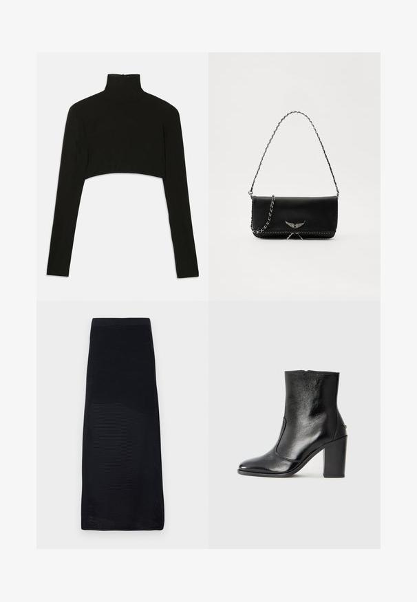Fekete, crop fazonú, hosszú ujjú felső magas nyakkal. Rugalmas anyagból készült, hátul cipzáros záródással és oldalhasítékokkal rendelkezik.; Fekete midi szoknya strukturált hálós anyagból, melynek illeszkedő derékrésze és egyenes szabása van, szolid színnel, minta nélkül.; Fekete bőr bokacipő sima textúrával, hegyes orral és vastag, magas sarkával. Oldalnyílással és minimalista dizájnnal rendelkezik.; Fekete bőrtáska ezüstlánc pánttal, díszes szárnyakkal és fehér varrással az alsó varrat mentén.
