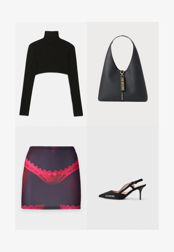 Haut noir à manches longues cropped avec un col montant. Fabriqué en tissu extensible, il dispose d'une fermeture éclair au dos et d'éventails sur les côtés.; Mini-jupe en tissu noir avec une bordure en dentelle rouge en haut et en bas, ornée d'un imprimé graphique de lingerie en dentelle rouge sur le devant.; Escarpin noir à talon haut avec bout pointu, présentant un design de bride et le logo "LOVE MOSCHINO" sur le côté. Texture lisse.; Sac à bandoulière en cuir noir avec une large sangle, des accessoires en or et deux étiquettes suspendues embossées avec "LOVE MOSCHINO" en lettres dorées.