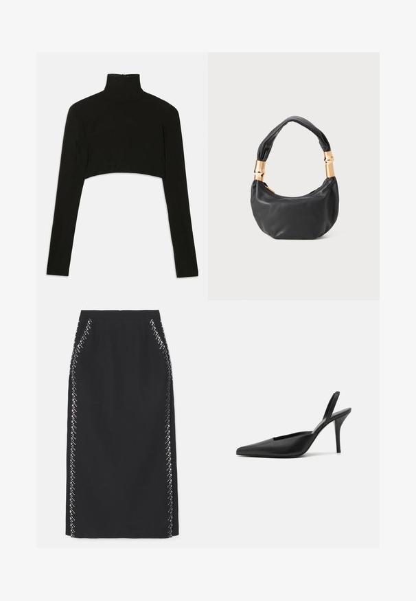 Haut noir à manches longues cropped avec un col montant. Fabriqué en tissu extensible, il dispose d'une fermeture éclair au dos et d'éventails sur les côtés.; Jupe crayon noire avec une texture lisse, ornée d'un motif en diamant de embellissements réfléchissants le long des coutures latérales. Coupe ajustée.; Chaussures à talons noires à bride arrière avec un bout pointu, en cuir lisse, et un design épuré et minimaliste. Talon aiguille haut.; Sac à main en cuir noir de forme ronde, texture douce, et avec une anse nouée ornée d'accents en matériel doré. Fermeture éclair.