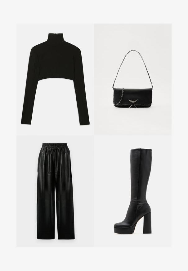 Black cropped long-sleeve top with a high neck. Made from stretchy fabric, features a back zipper closure and side slits.; Black leather wide-leg pants with an elastic waistband, featuring two side pockets and a smooth, shiny texture.; Black knee-high boots made of smooth leather with a textured finish, featuring a high block heel and a round toe design.; Black leather handbag with a silver chain strap, featuring decorative wing accents and white stitching along the bottom seam.