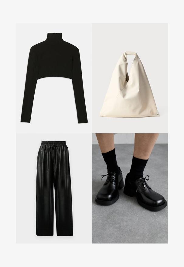 Top nero a maniche lunghe corte con collo alto. Realizzato in tessuto elasticizzato, presenta una chiusura con zip sul retro e slitte laterali.; Pantaloni ampi in pelle nera con vita elastica, dotati di due tasche laterali e una texture liscia e lucida.; MIISTA ALTHEA BROGUES - Stringate - black; Borsa beige, con trama morbida, dotata di un manico intrecciato unico e dettagli di cucitura diagonale. Design minimalista con un accento rotondo alla base.