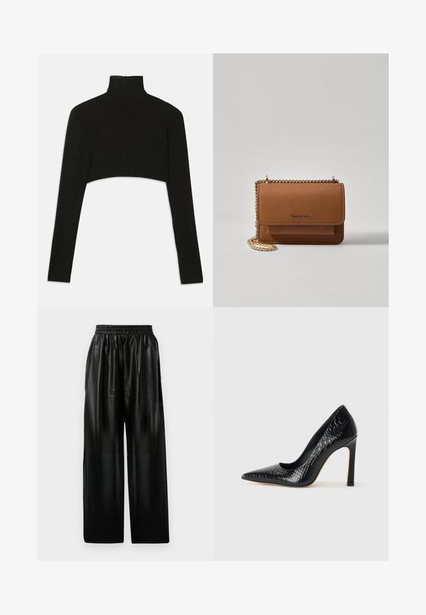 Fekete, crop fazonú, hosszú ujjú felső magas nyakkal. Rugalmas anyagból készült, hátul cipzáros záródással és oldalhasítékokkal rendelkezik.; Fekete bőr széles szárú nadrág, rugalmas derékkal, két oldalsó zsebbel és sima, fényes textúrával.; Fekete hegyes orrú magassarkú cipő krokodilbőr textúrával, letisztult dizájnnal, magas tűsarkú és sima fekete belső résszel.; Barna textúrájú bőr keresztbody táska arany lánc pánttal és fedélzárral. Az elején logó részlet és egy zseb található a fedél alatt.