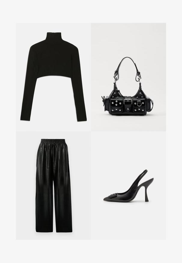 Czarny krótki top z długim rękawem i wysokim kołnierzem. Wykonany z elastycznego materiału, posiada zamek błyskawiczny z tyłu i boczne rozcięcia.; Czarne skórzane spodnie o szerokich nogawkach z elastycznym paskiem, wyposażone w dwie boczne kieszenie oraz gładką, błyszczącą fakturę.; Czółenka na obcasie z czarnej skóry z odkrytym piętą, o ostrym nosku, smukłym wysokim obcasie i dekoracyjną kokardą. Gładka tekstura i elegancki design.; Czarna skórzana torebka w zakrzywionym kształcie, z srebrnymi ćwiekami, klamrą i dwoma bocznymi kieszeniami. Regulowany pasek umożliwiający różne opcje noszenia.