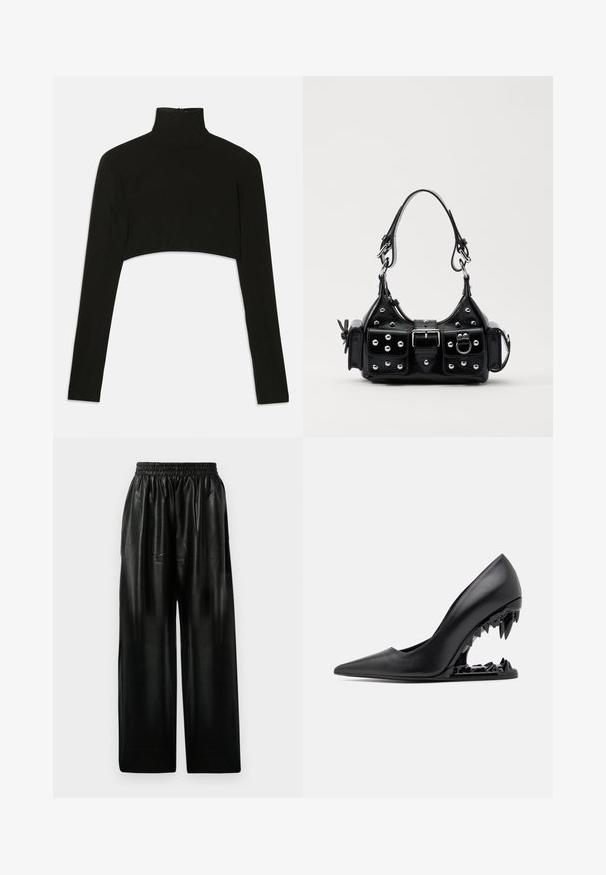 Black cropped long-sleeve top with a high neck. Made from stretchy fabric, features a back zipper closure and side slits.; Black leather wide-leg pants with an elastic waistband, featuring two side pockets and a smooth, shiny texture.; GCDS MORSO - High heels - nero; Black leather handbag with a curved design, featuring silver studs, a buckle, and two side pockets. Adjustable strap for carrying options.