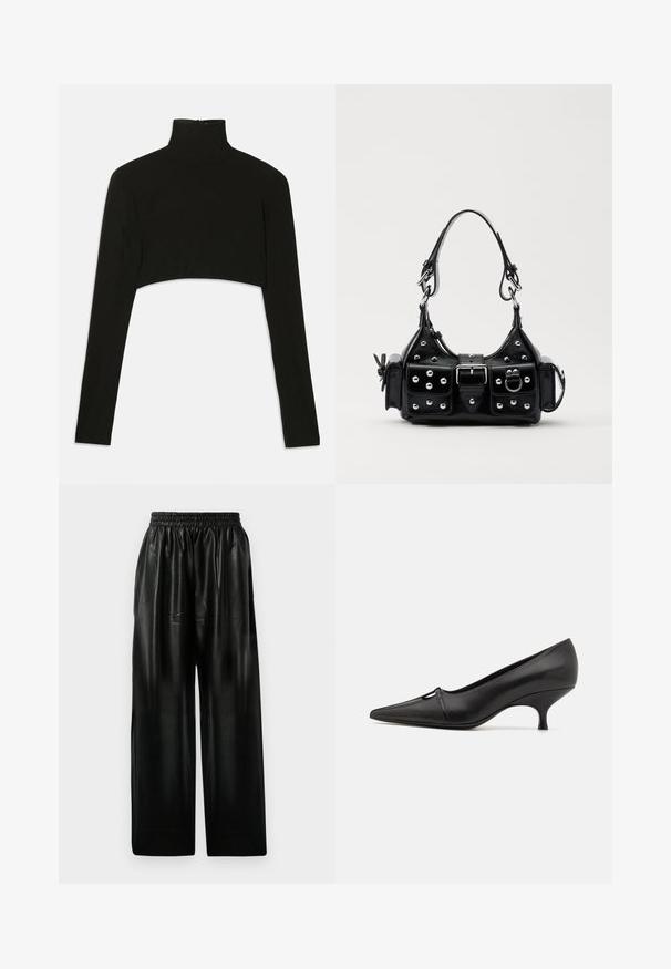 Črn skrajšan pulover dolgih rokavov z visokim ovratnikom. Narejen iz raztegljivega materiala, ima zadrgo na hrbtu in bočne razporke.; Črne usnjene hlače širokega kroja z elastičnim pasom, ki imajo dve stranski žepi in gladko, sijočo teksturo.; GIABORGHINI DANA - Klasične pete - black; Črna usnjena torbica s ukrivljenim dizajnom, ki vsebuje srebrne žebljičke, zaponko in dve stranski žepki. Nastavljiv trak za različne možnosti nošenja.