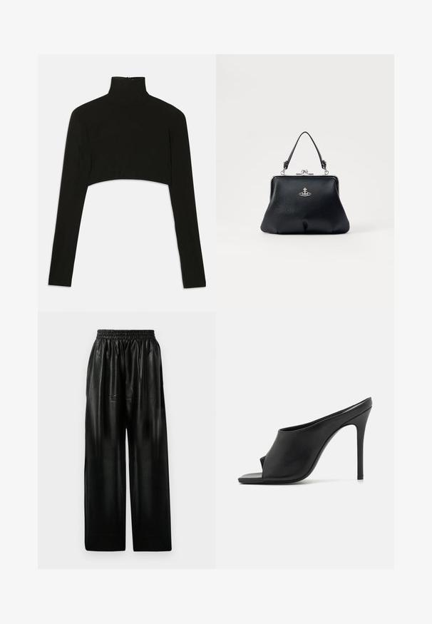 Bluză neagră, scurtă, cu mâneci lungi și guler înalt. Fabricată dintr-un material elastic, dispune de o închidere cu fermoar pe spate și slituri laterale.; Pantaloni largi din piele neagră cu talie elastică, având două buzunare laterale și o textură netedă și lucioasă.; GIABORGHINI KEIRA - Sandale cu baretă între degete - black; Geantă de mână din piele neagră, cu o suprafață texturată, accente argintii, închidere cu clapetă și o mânere scurtă pentru purtare. Design compact și structurat.