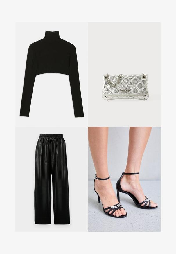Zwarte cropped top met lange mouwen en een hoge hals. Gemaakt van rekbare stof, met een ritssluiting aan de achterkant en zijsplitten.; Zwarte leren wijde broek met een elastische tailleband, voorzien van twee zijzakken en een gladde, glanzende textuur.; Zadig & Voltaire AMEE WING EMBOSSED IGUANA - Sandalen met hoge hak - noir; Zilverkleurige metalen handtas met kettinghandgreep, gequiltte textuur, decoratieve stiksels en een ritssluiting. Kenmerkt gegraveerde accenten aan de voorkant.