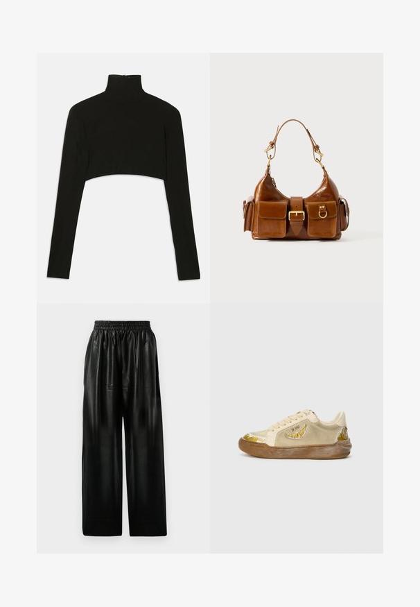 Black cropped long-sleeve top with a high neck. Made from stretchy fabric, features a back zipper closure and side slits.; Black leather wide-leg pants with an elastic waistband, featuring two side pockets and a smooth, shiny texture.; Beige sneakers made of suede and rubber. Features a curved white and gold pattern on the toe and side. Rounded toe and lace-up design.; Brown leather handbag with a curved shape, dual gold-tone hardware, two front pockets, and a wide strap. Smooth texture with a sleek finish.