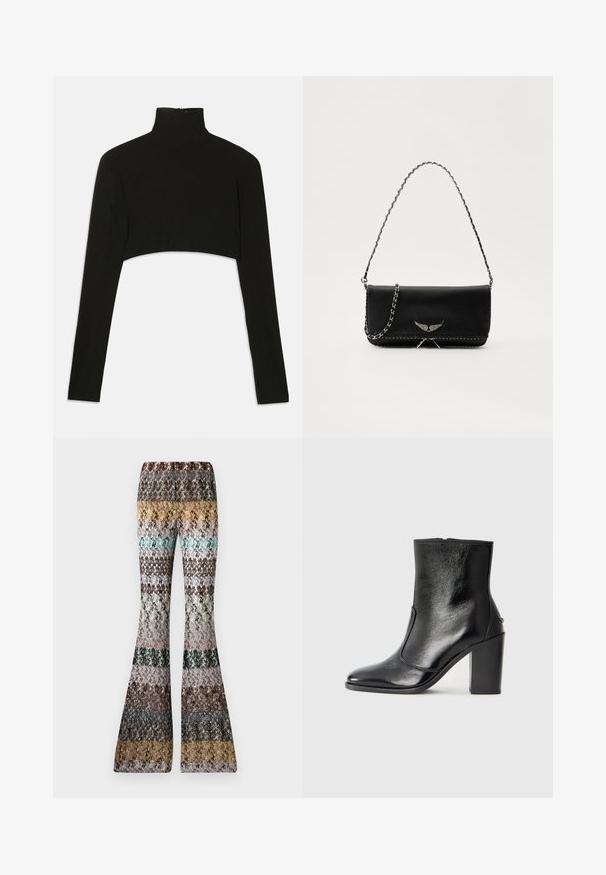 Črn skrajšan pulover dolgih rokavov z visokim ovratnikom. Narejen iz raztegljivega materiala, ima zadrgo na hrbtu in bočne razporke.; Pleteni hlače s razširjenim krojem in večbarvnimi horizontalnimi črtami v zemeljskih tonih, vključno z gorčično, smaragdno, rjavo, črno, roza in sivo.; Črne usnjene gležnarske čevlje z gladko teksturo, koničastim nosom in debelim visokim petam. Imajo stransko odprtino in minimalističen dizajn.; Črna usnjena torbica s srebrnim verižnim ročajem, ki ima okrasne krilate poudarke in belo šivanje ob spodnjem šivu.