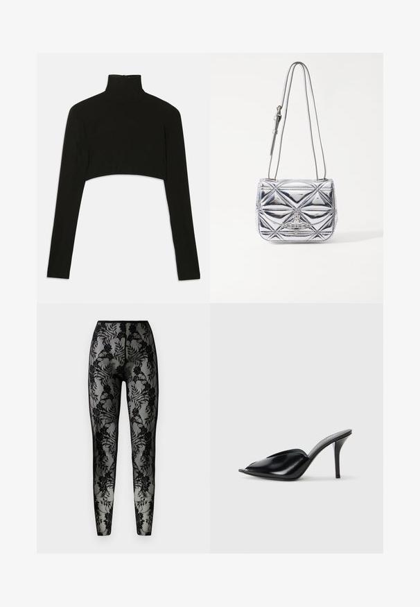 Black cropped long-sleeve top with a high neck. Made from stretchy fabric, features a back zipper closure and side slits.; Black lace leggings featuring a floral pattern, sheer fabric, and a snug fit, with a smooth waistband and closed hems.; Black leather high-heeled mules with an open toe, pointed design, smooth texture, and a slim stiletto heel.; Metallic silver crossbody bag featuring geometric quilted design, flat flap, and adjustable strap with silver hardware accents.