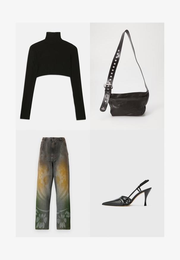 Top negro corto de manga larga con cuello alto. Hecho de tejido elástico, presenta un cierre de cremallera en la parte posterior y aberturas en los laterales.; Jeans de cintura alta en denim desgastado con un patrón en degradado que mezcla tonos amarillos, verdes y azules; diseño floral cerca del dobladillo.; Zapato de tacón alto de charol negro con punta afilada, diseño de tiras entrecruzadas y tacón de aguja delgado. Textura suave y acentos mínimos.; Bolso cruzado de cuero negro con un acabado texturizado, que cuenta con una amplia correa ajustable adornada con tachuelas plateadas y una hebilla metálica.