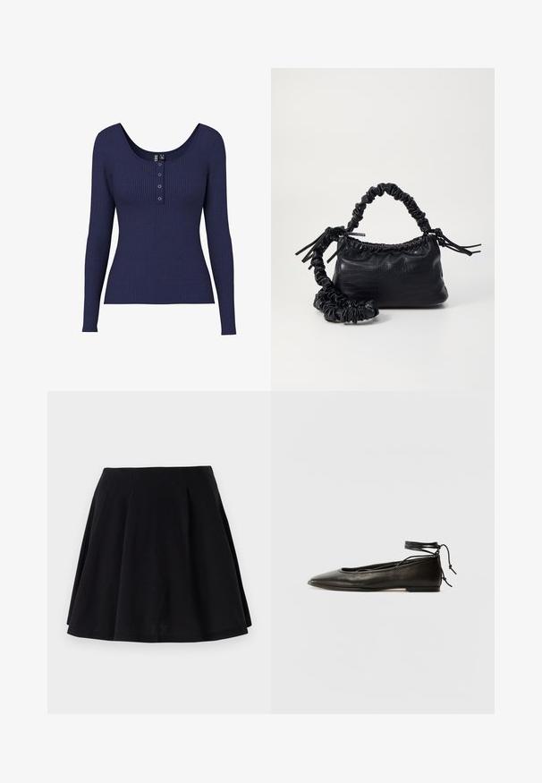 Tume sinine ribaga pikkade varrukatega topp, millel on kaelus ja kolm metallist nööpi keskel nööbiplakk.; Must mustriga mustreerimisega must puuvillane seelik, kus on flared siluett, koos plekkidega vöökoha piirkonnas ja sujuva tekstuuriga. Sobib igapäevaseks kandmiseks.; Must mustast balletijalatsid, millel on terav nina, pahkluu seotud ja lame tall, sujuva tekstuuri ning minimalistlik disain.; Must must sünteetilisest nahast käekott, millel on krokodillimuster, kokku tõmmatav ülaosa ja kortsus rihm. Tundub pehme ja kompaktne disain.