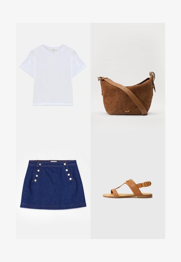 Vit croppad t-shirt i mjuk bomull, med rund hals och korta ärmar samt en något avslappnad passform. Inga mönster eller detaljer.; FRAME SAILOR SNAP SKIRT - Jeanskjol - celestine; Bruna lädersandaler med justerbar ankle strap, platt sula och korsade ovandelar. Slät textur, minimalistisk design, guld detaljer.; Brun mocka axelväska med präglande blommönster, kompletterad med ett slätt brunt läderhandtag och akcenter i guldton.