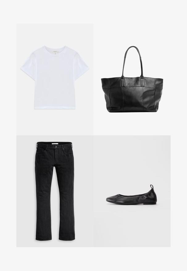 Balts apgrieztais t-krekls, izgatavots no mīkstas kokvilnas, ar apaļu kakla izgriezumu un īsām piedurknēm, kas nedaudz brīvi pieguļ ķermenim. Nav rakstu vai akcentu.; Melnas džinsu bikses ar taisno kāju griezumu, klasiskā piecu kabatu dizainā, ar smalku vertikālu tekstūru un priekšējo pogu aizdari.; Melnas ādas baleta kurpes ar noapaļotu purngalu, savilktām elastīgām malām un cilpu uz papēža, novietotas uz gaiša fona.; Still Nordic STILLBASIC SHOPPER - Maisiņveida soma - black